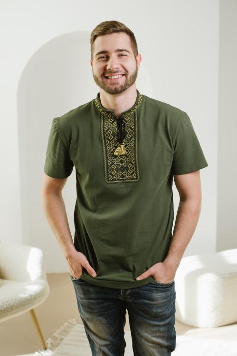 S-3XL Modern Ukrainian T-shirt with Green Embroidery Men's Vyshyvanka