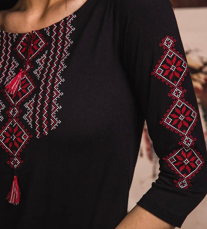 Boho Black Vyshyvanka Blouse with Sexy Red Geometric Embroidery