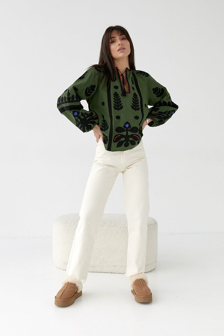 Gorgeous Green Boho Embroidered Blouse with Floral Motiff