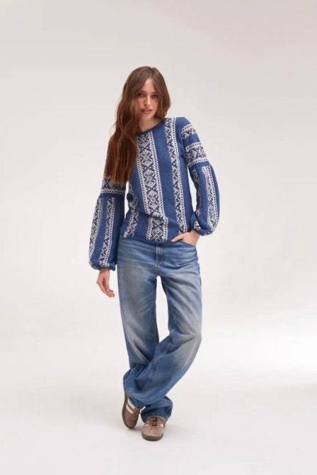 Modern Knitted Ukrainian Blouse with Crochet Details Elegant and Versatile