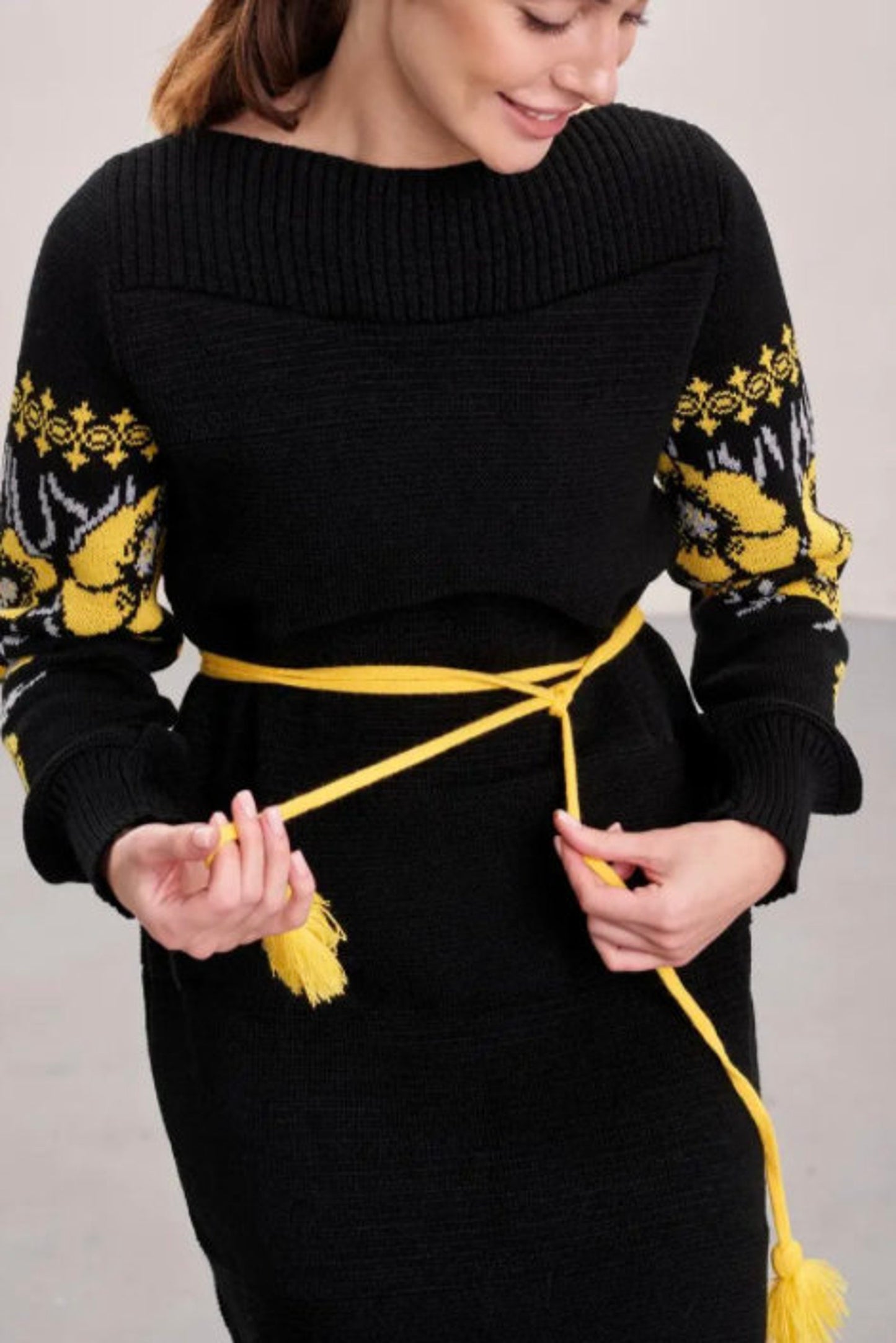 Black Knit Pencil Dress with Yellow Floral Sleeves – Warm Winter Oversized Dress with Pom-Pom Belt