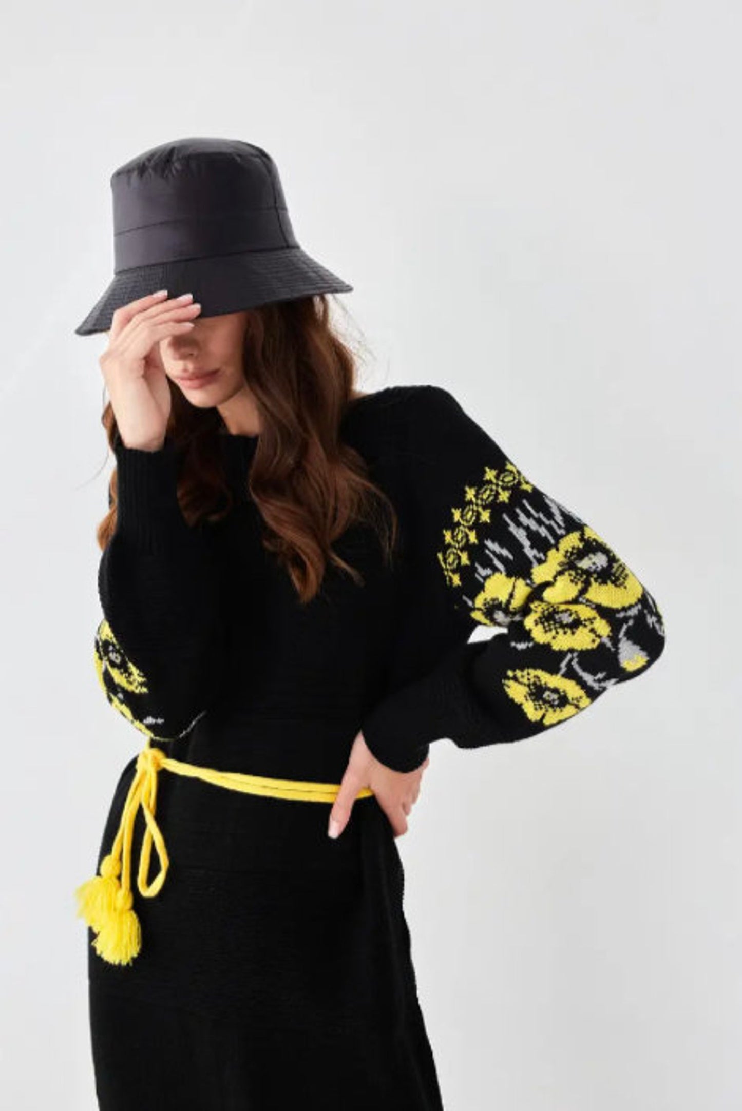 Black Knit Pencil Dress with Yellow Floral Sleeves – Warm Winter Oversized Dress with Pom-Pom Belt