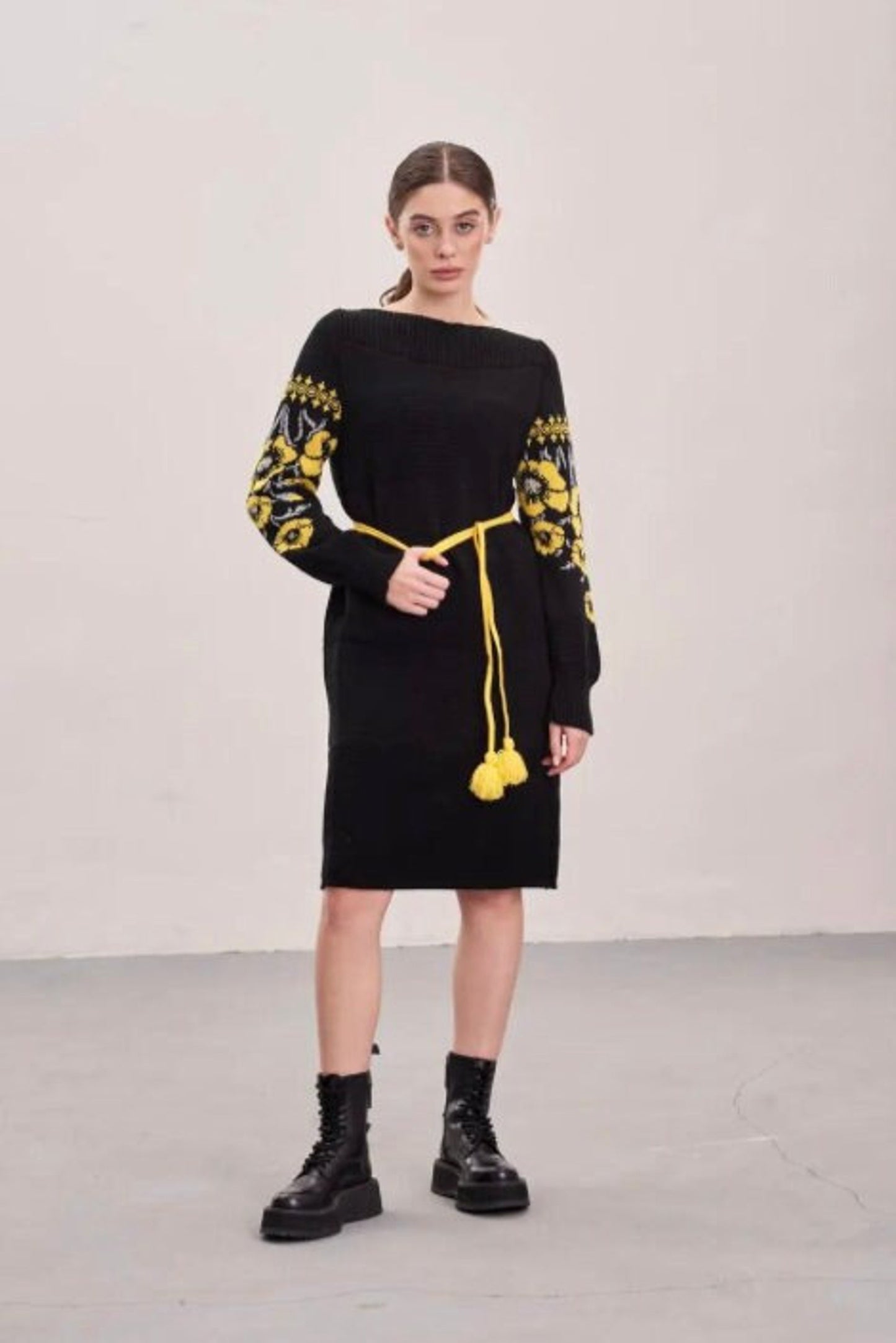 Black Knit Pencil Dress with Yellow Floral Sleeves – Warm Winter Oversized Dress with Pom-Pom Belt