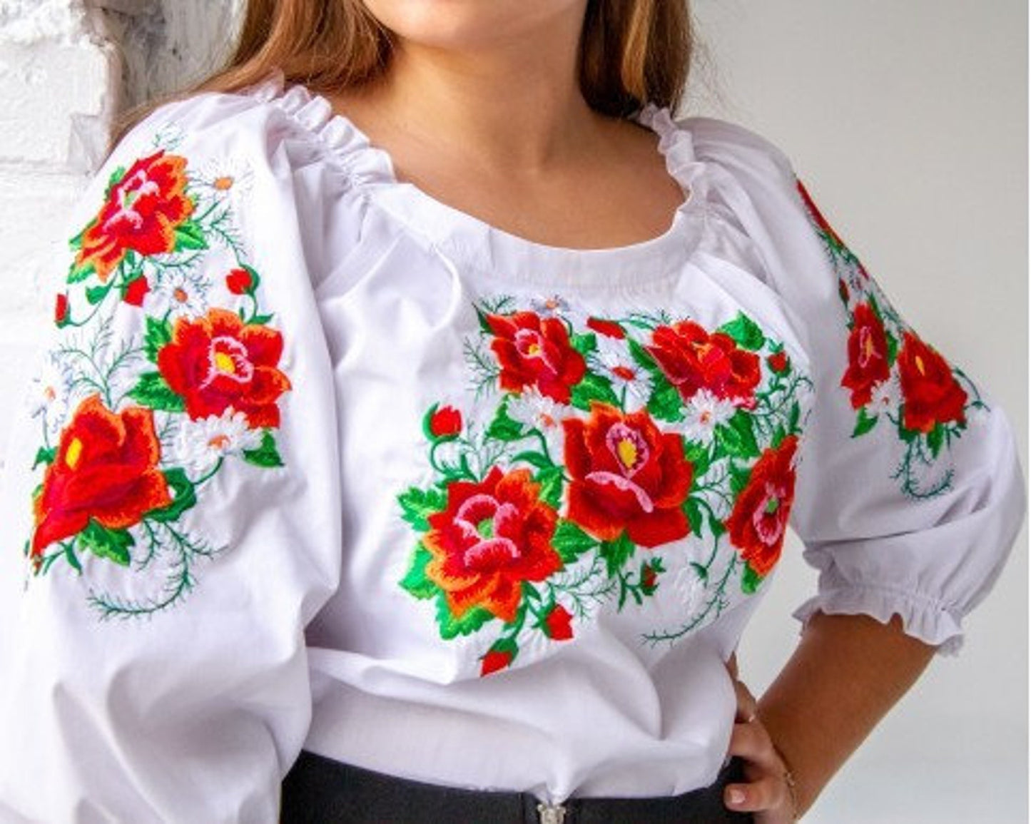 S-4XL White Ukrainian Embroidered Blouse with Bright Red Wildflowers