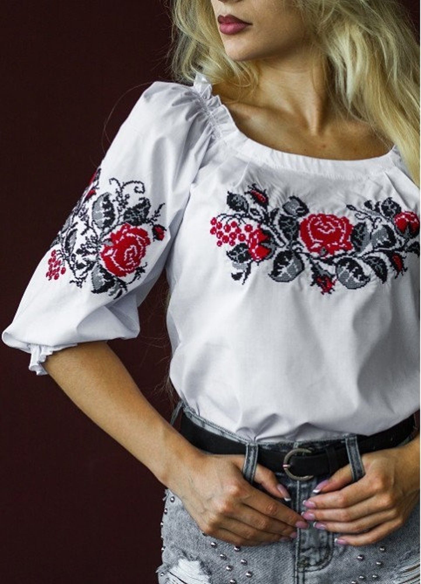 S-4XL White Ukrainian Embroidered Blouse with Red Roses Motif