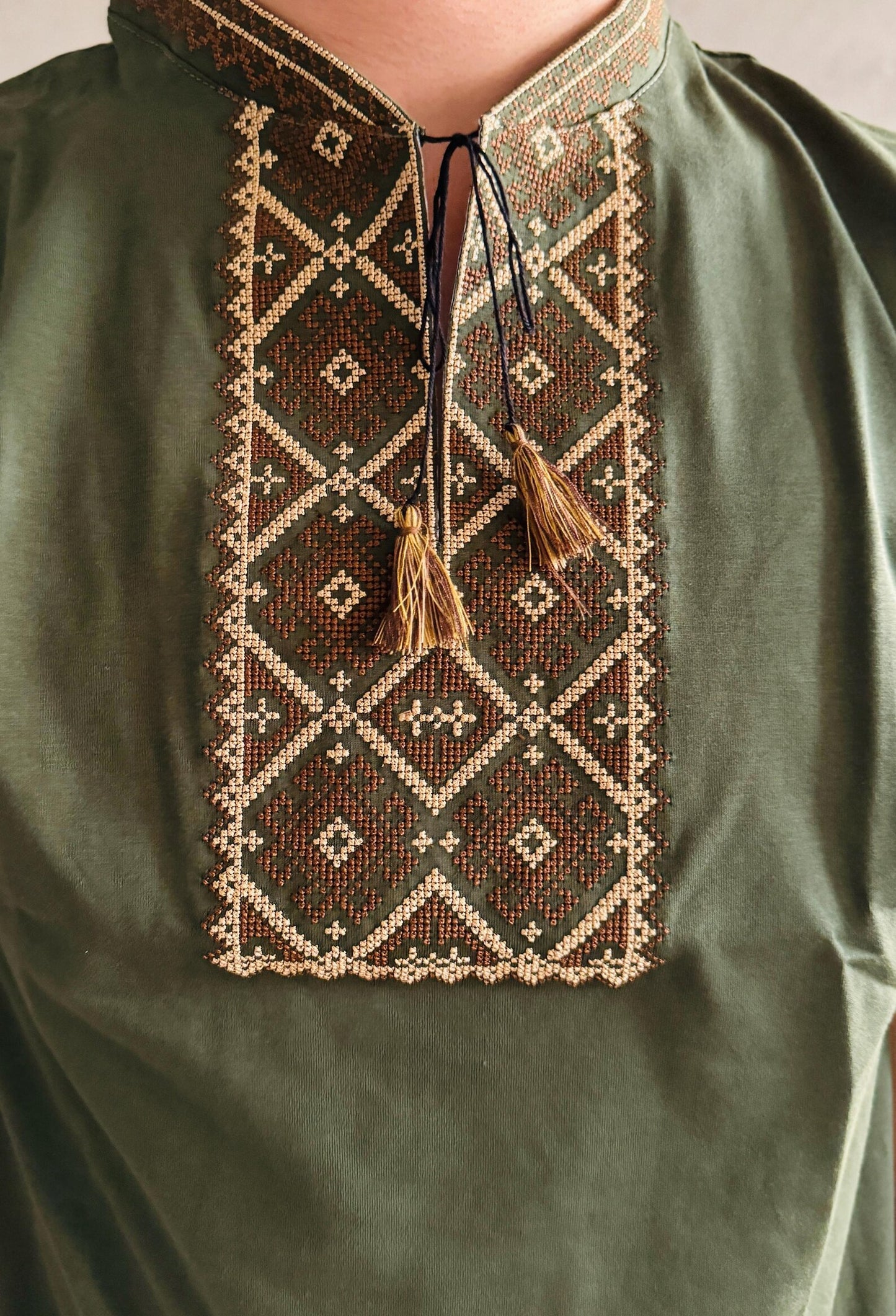 S-3XL Folk Embroidered Ukrainian T-Shirt for Men Green Base with Brown Embroidery