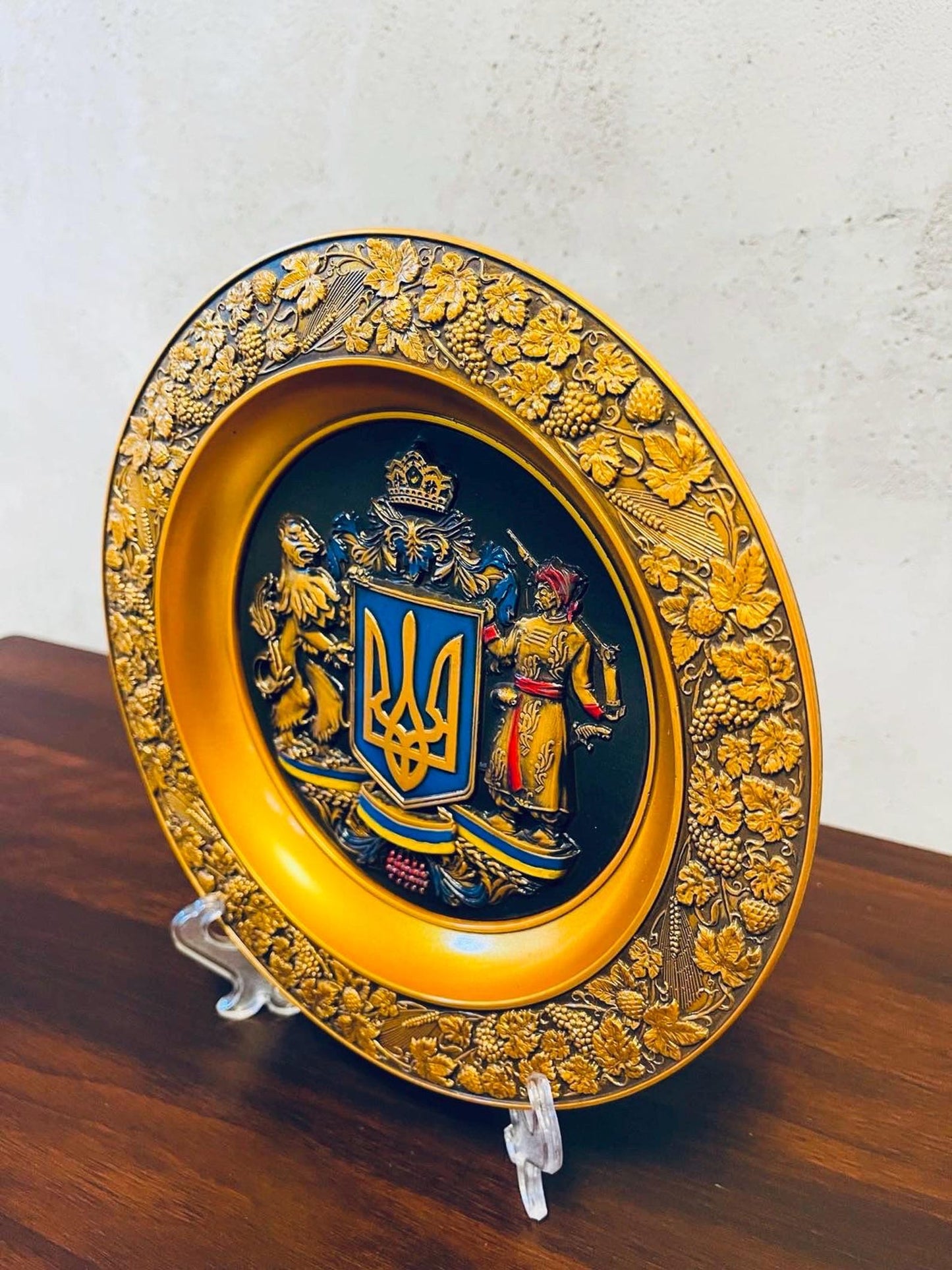 Large Ukrainian Decorative Hanging Plate with Tryzub and Cossac Souvenir Wall Plate