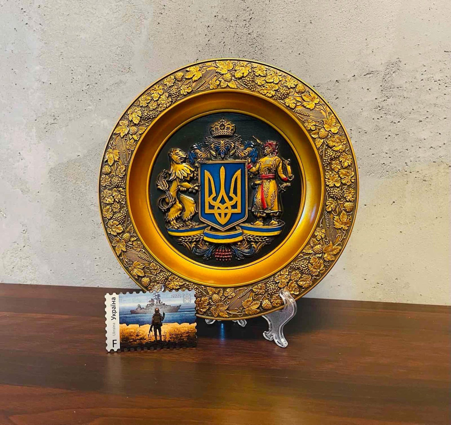 Large Ukrainian Decorative Hanging Plate with Tryzub and Cossac Souvenir Wall Plate