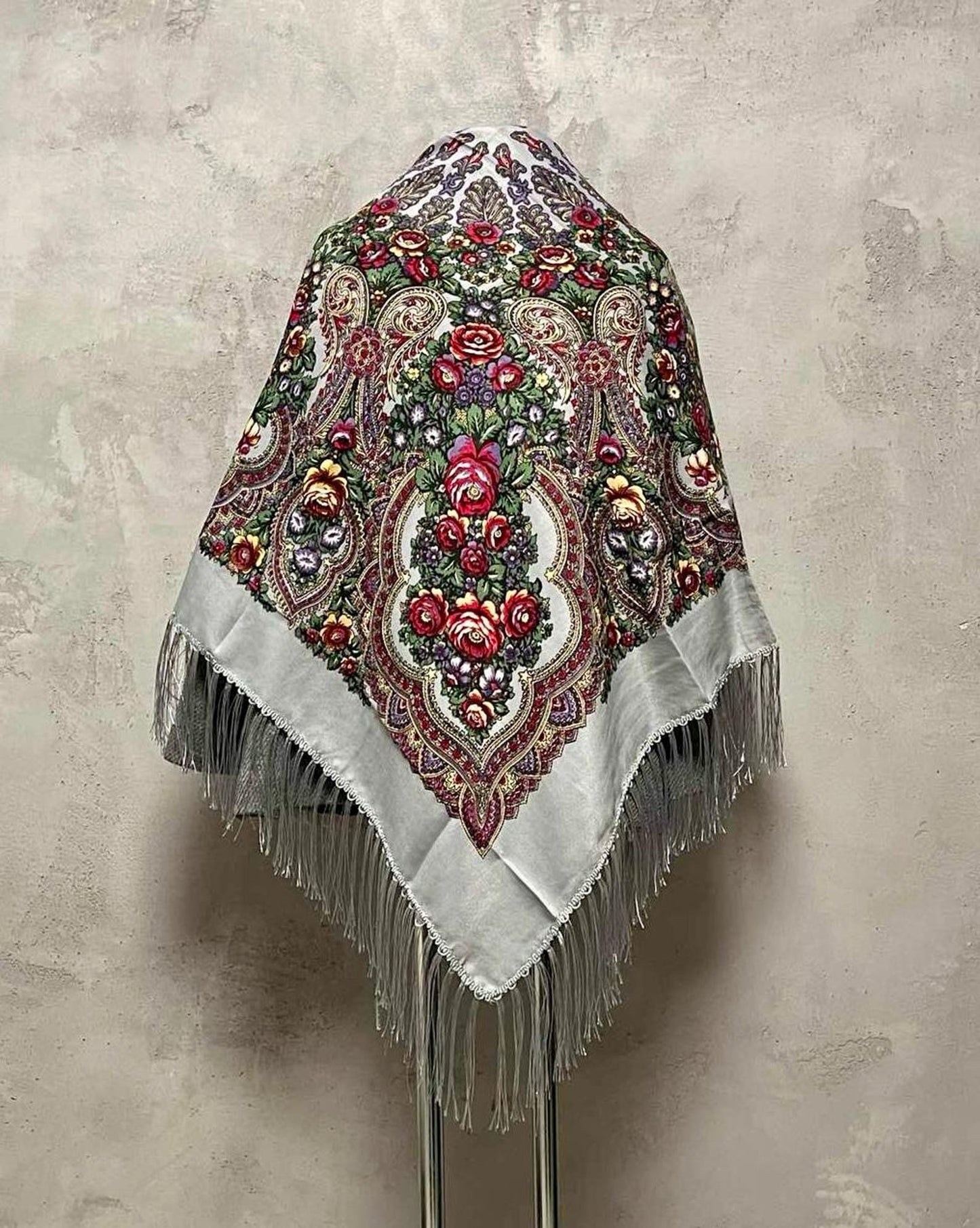 Large Grey Warm Ukrainian Scarf with Floral Motif