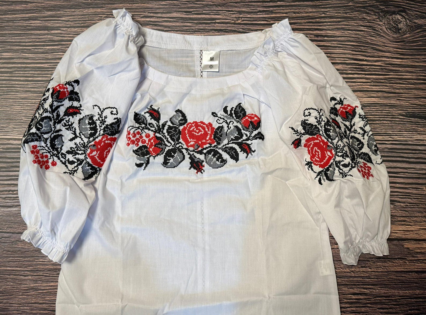 S-4XL White Ukrainian Embroidered Blouse with Red Roses Motif