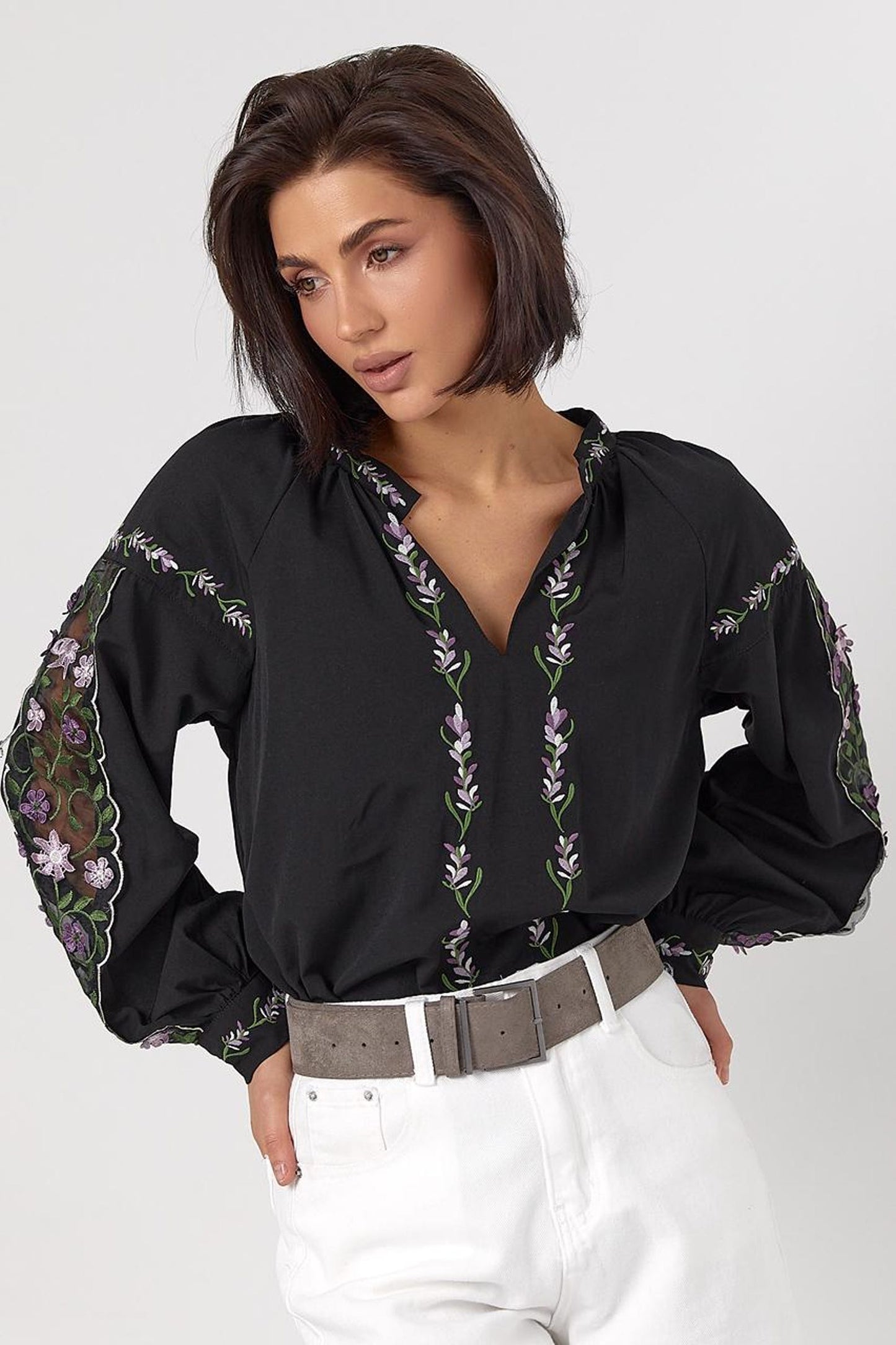 Modern Ukrainian Embroidered Blouse with Sheer Organza Sleeves and Floral Embroidery