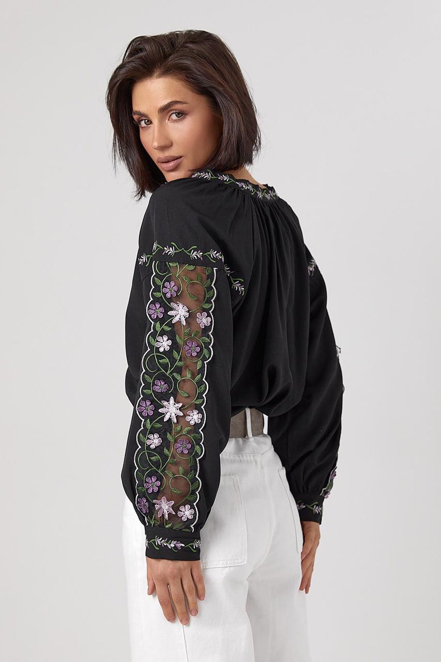 Modern Ukrainian Embroidered Blouse with Sheer Organza Sleeves and Floral Embroidery