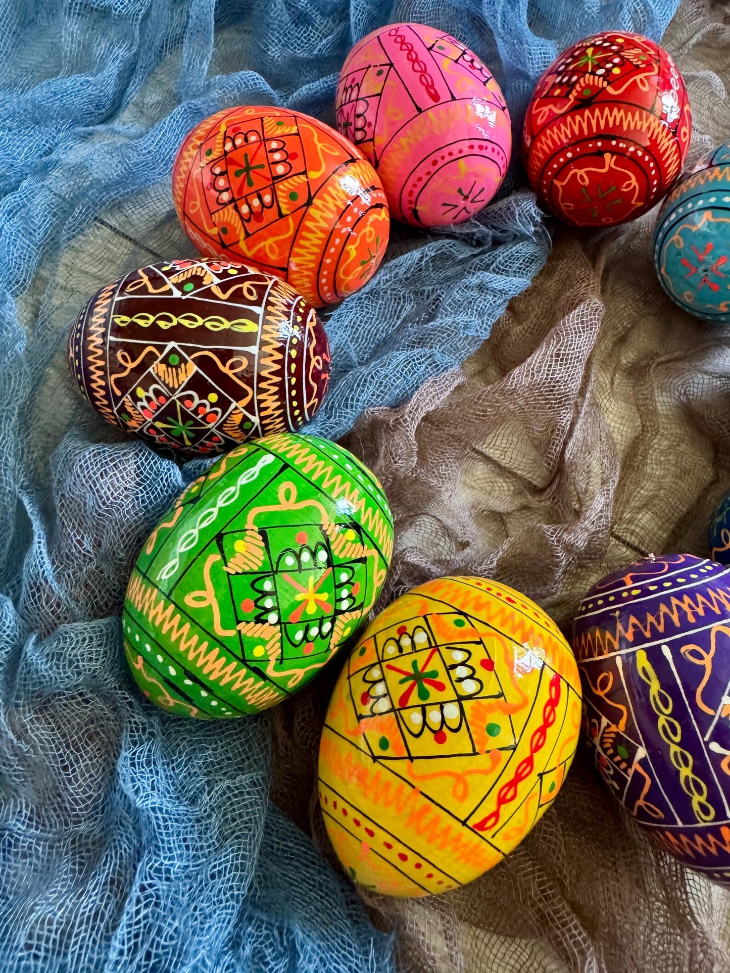 Set of 10 Wooden Easter Handpainted Pysanka Eggs, Ukrainian Easter Egg Set