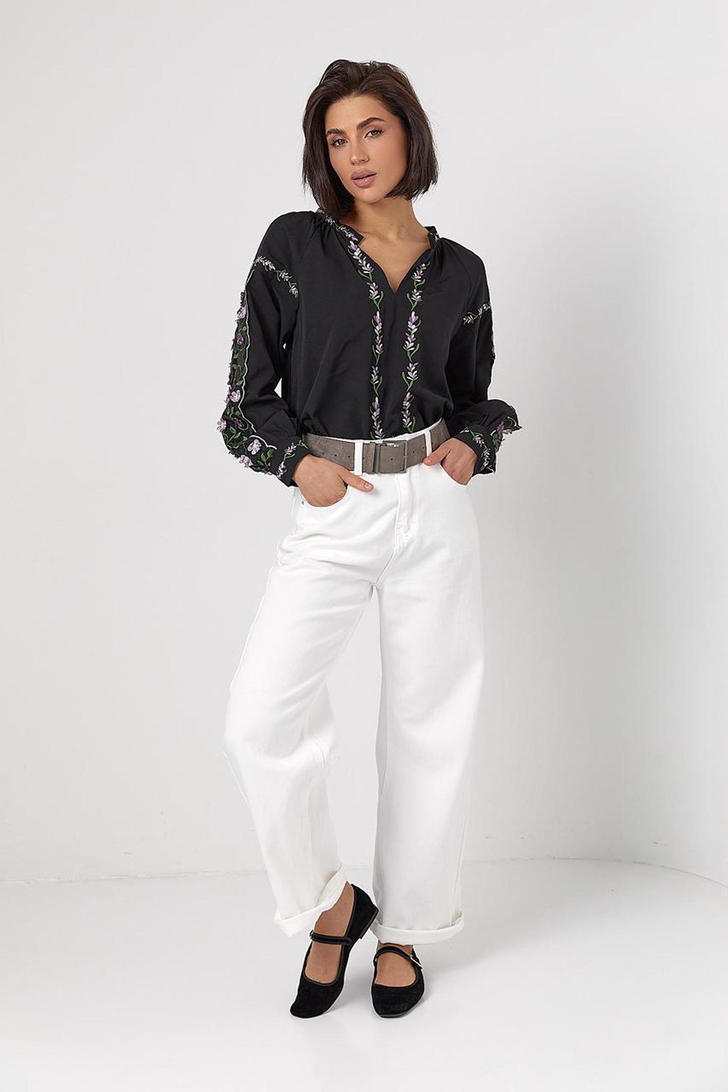 Modern Ukrainian Embroidered Blouse with Sheer Organza Sleeves and Floral Embroidery