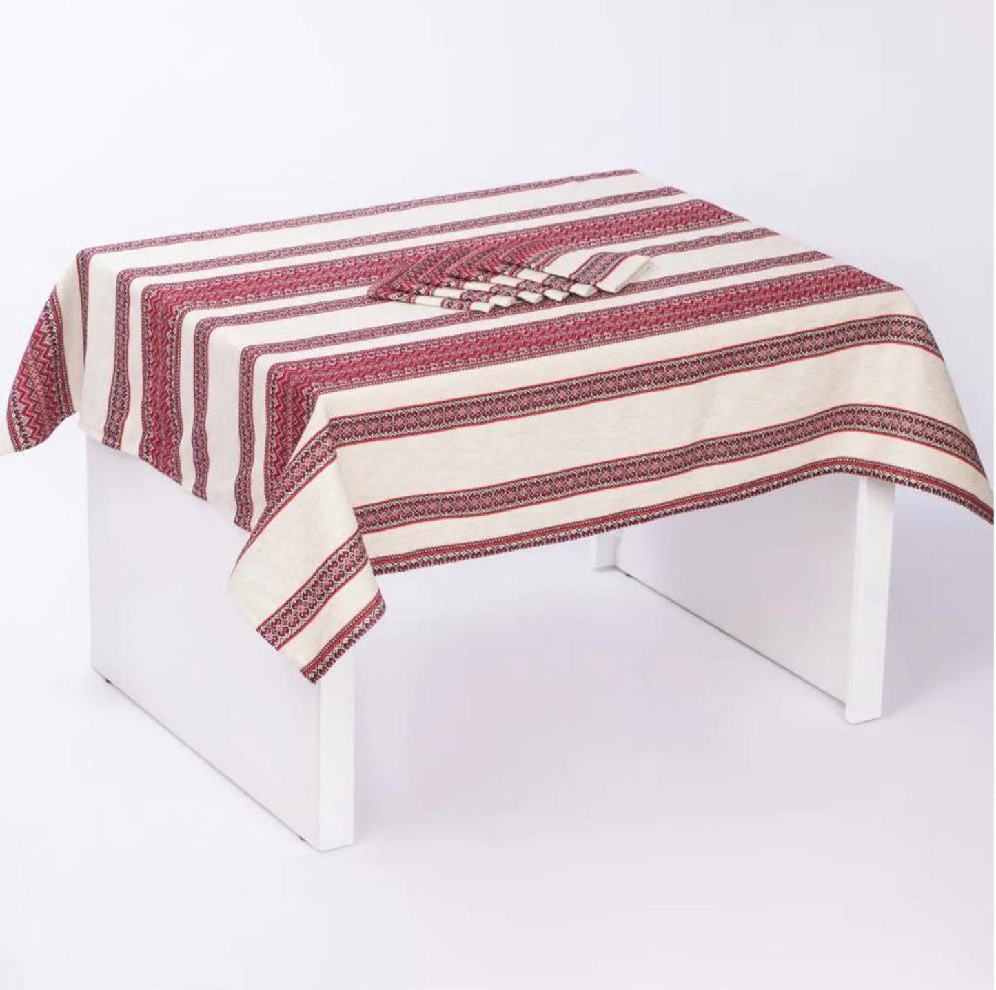 High Quality Thick Red Ukrainian Tablecloth with Embroidery β Set with 6 Napkins
