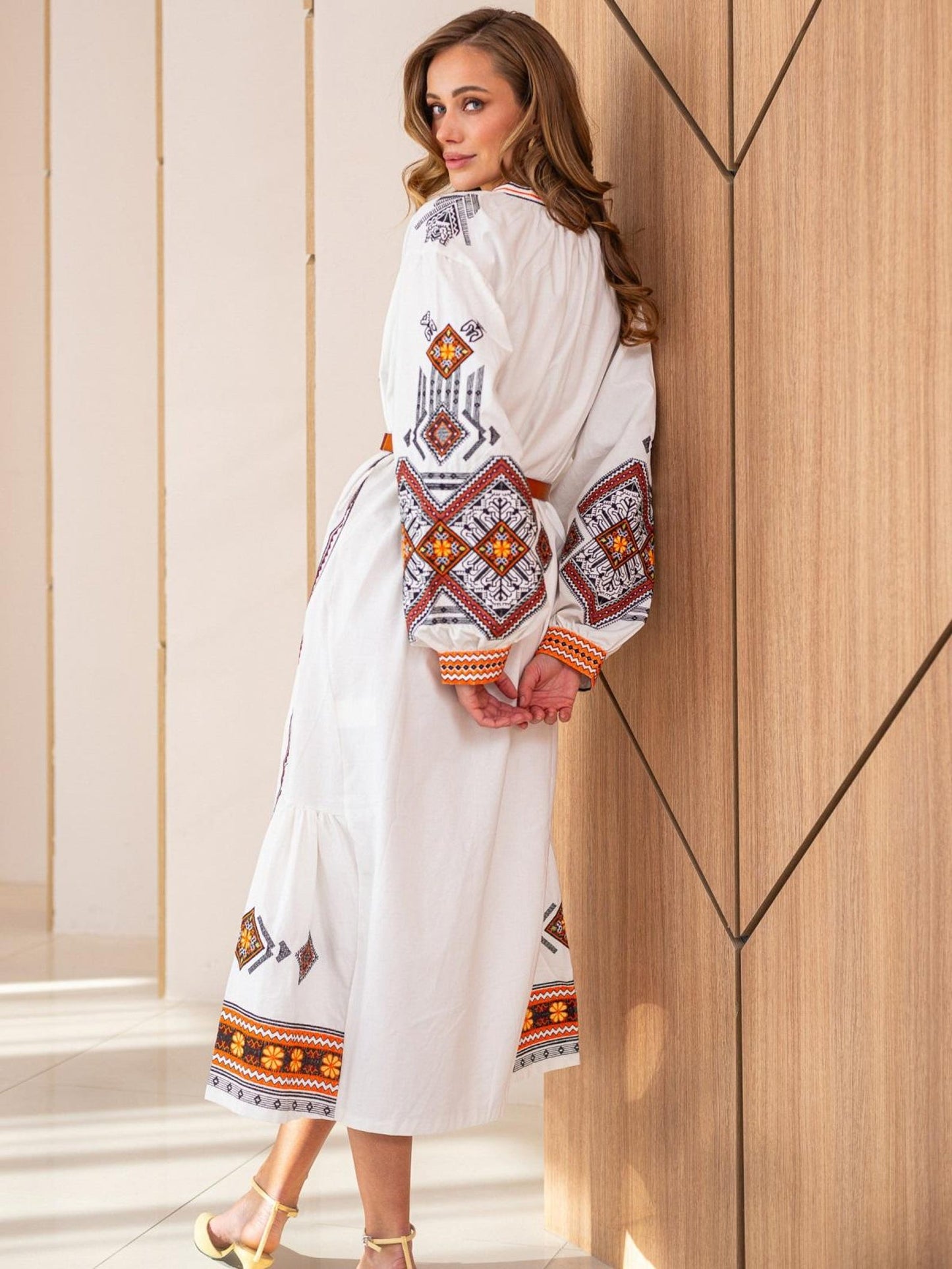 Boho White Embroidered Maxi Dress with Geometric Patterns