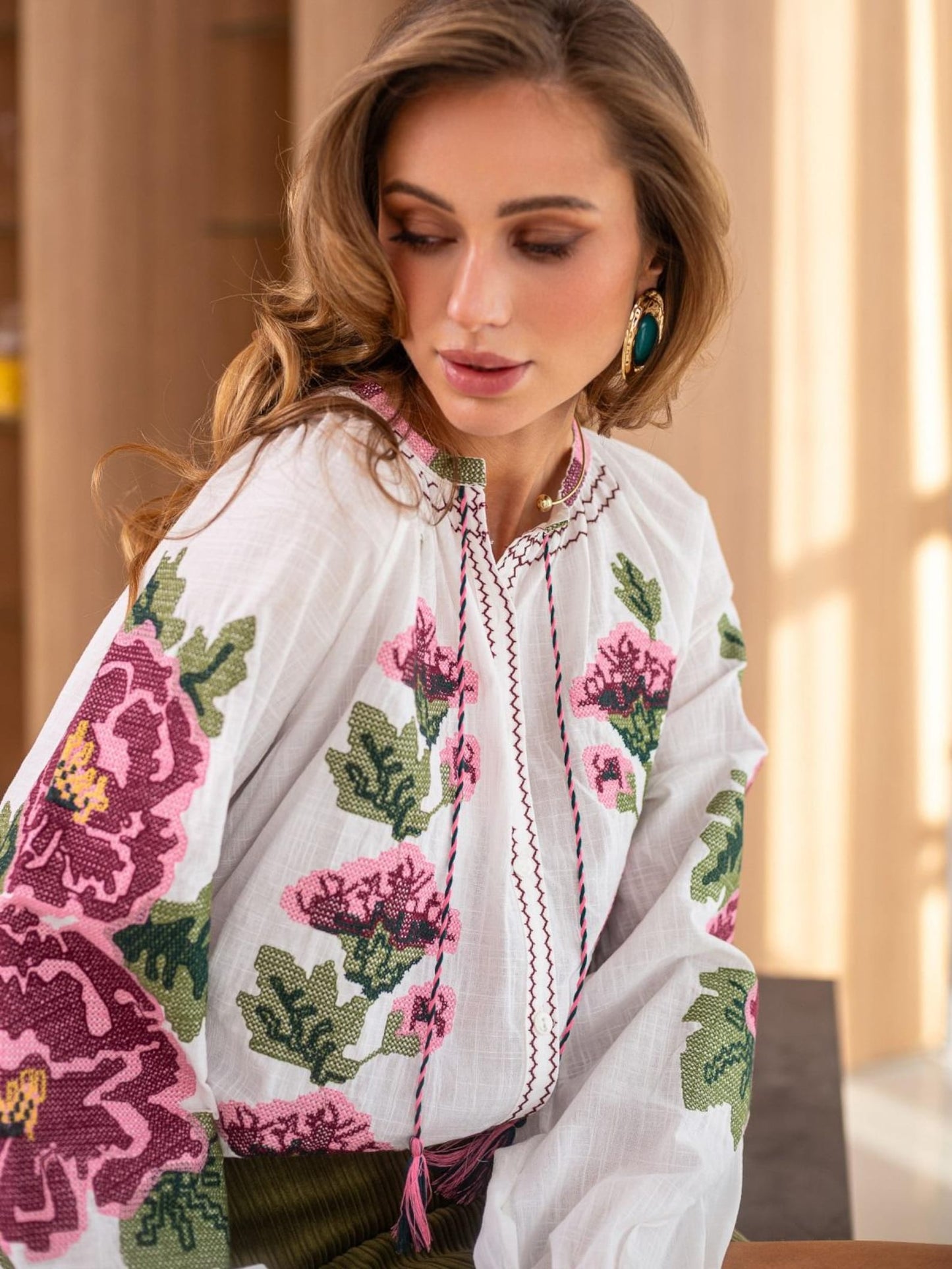 White Ukrainian Embroidered Blouse | Boho Peasant Shirt with Pink & Green Floral Embroidery