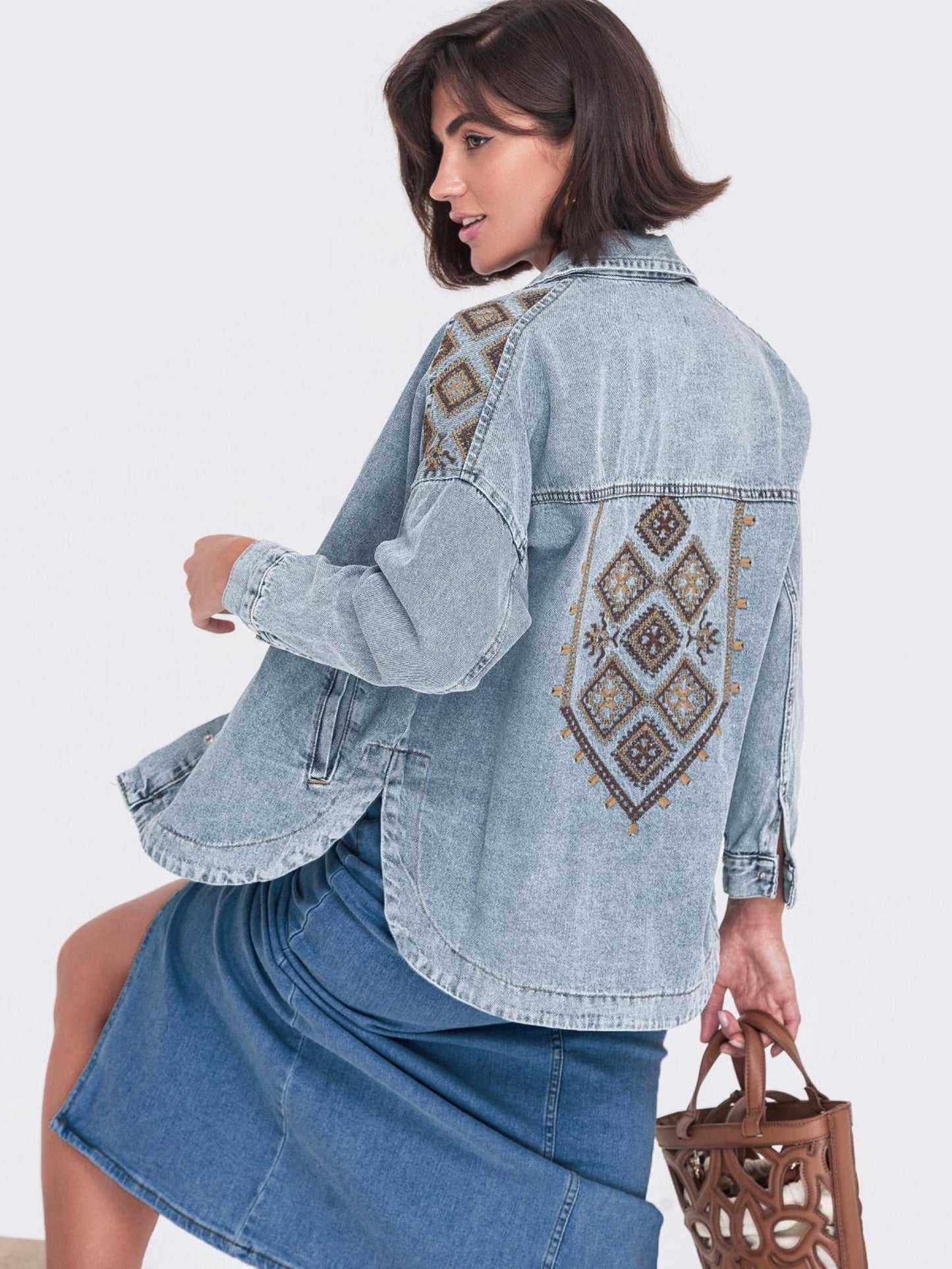Embroidered Boho Denim Jacket Shirt for Women