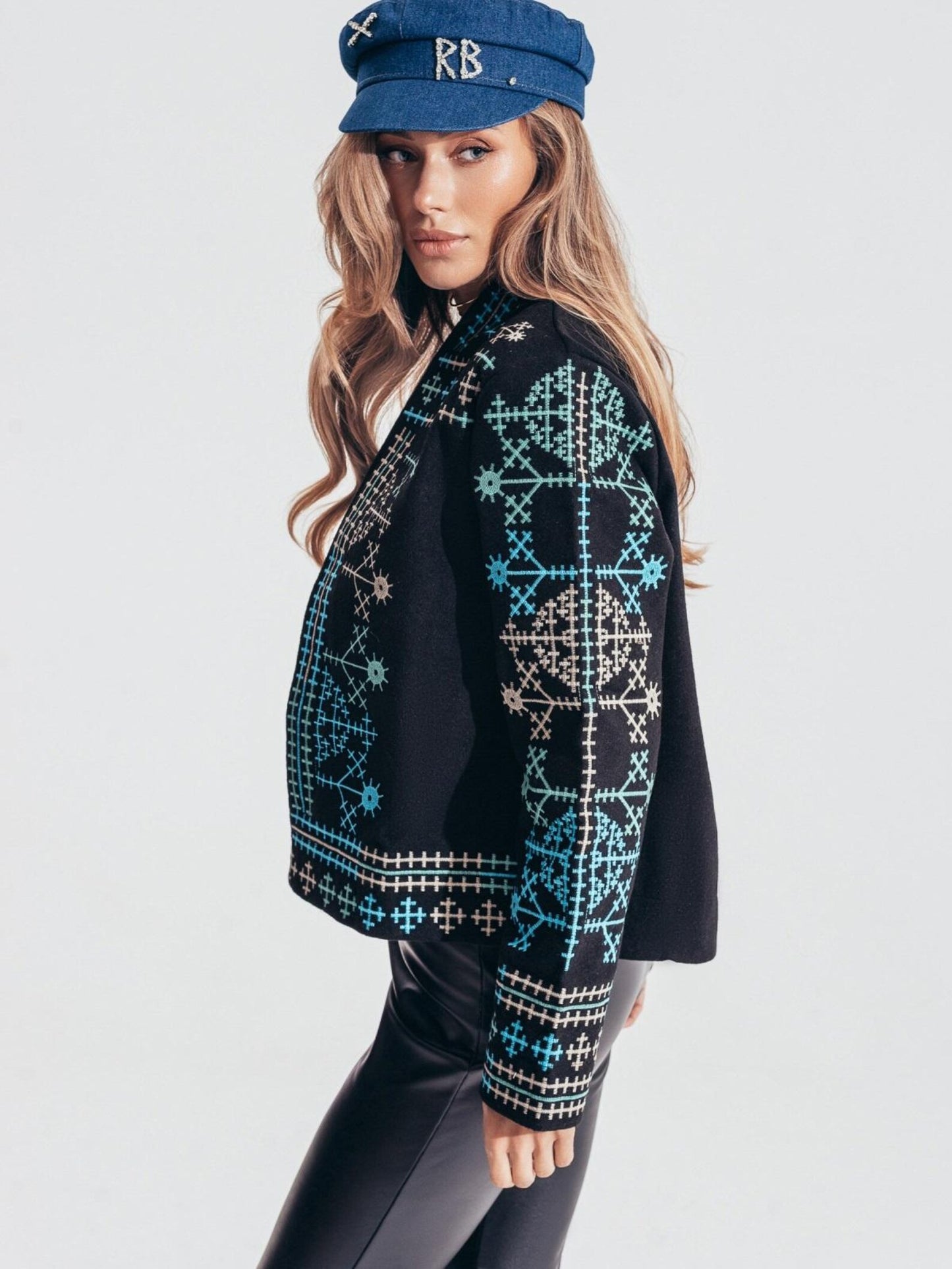 Folk Art-Inspired Jacket – Turquoise & Cream Geometry in a Boho Spirit