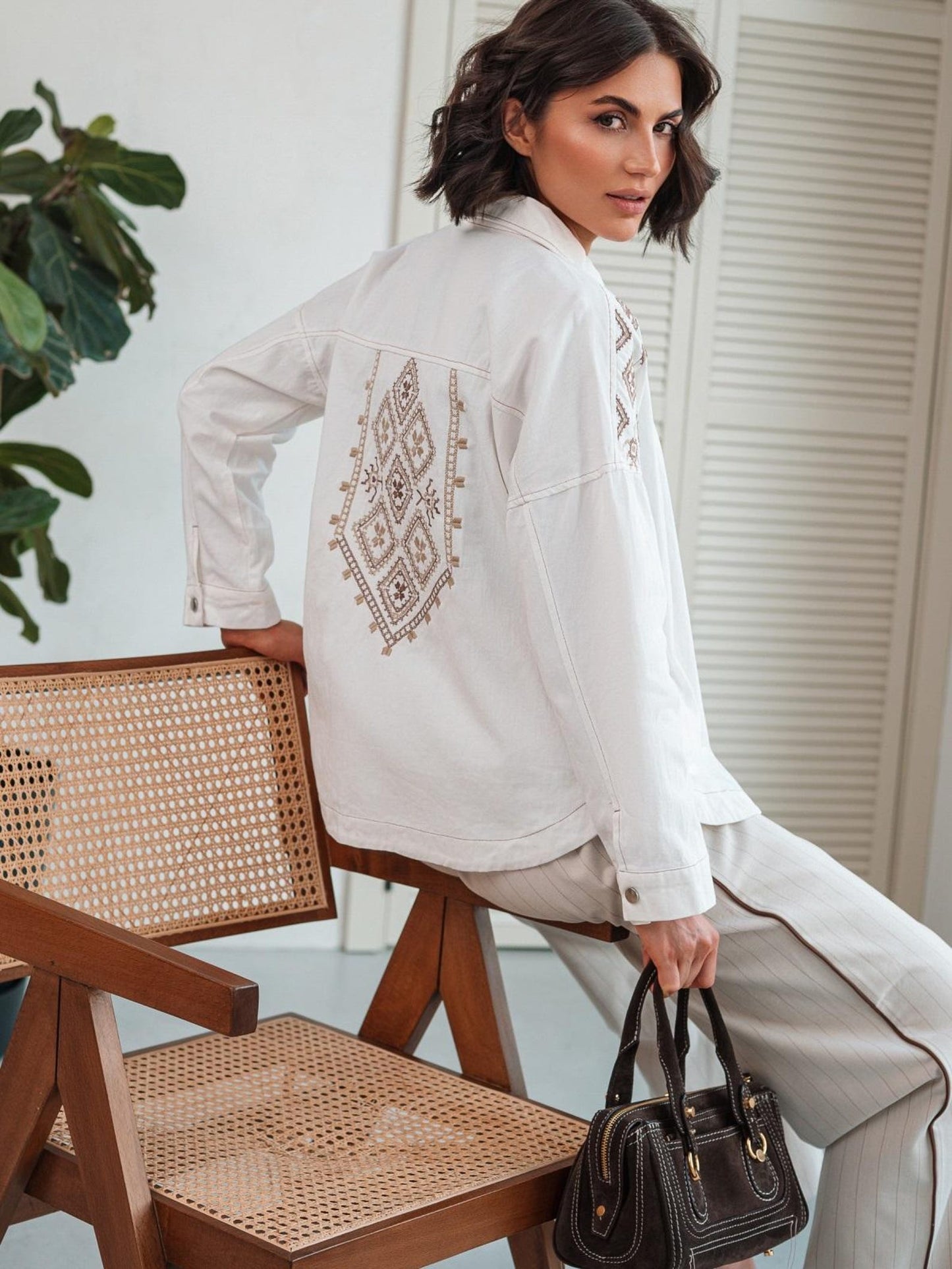 Oversized Folk-Inspired Jacket with Beige Diamond Embroidery