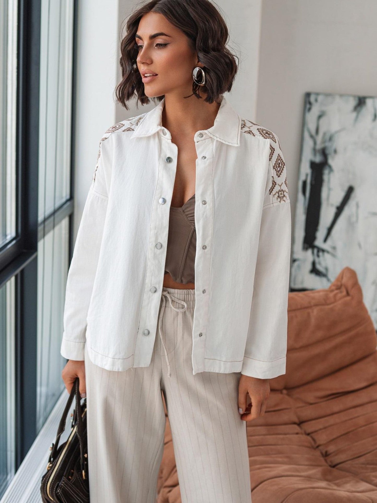 Oversized Folk-Inspired Jacket with Beige Diamond Embroidery