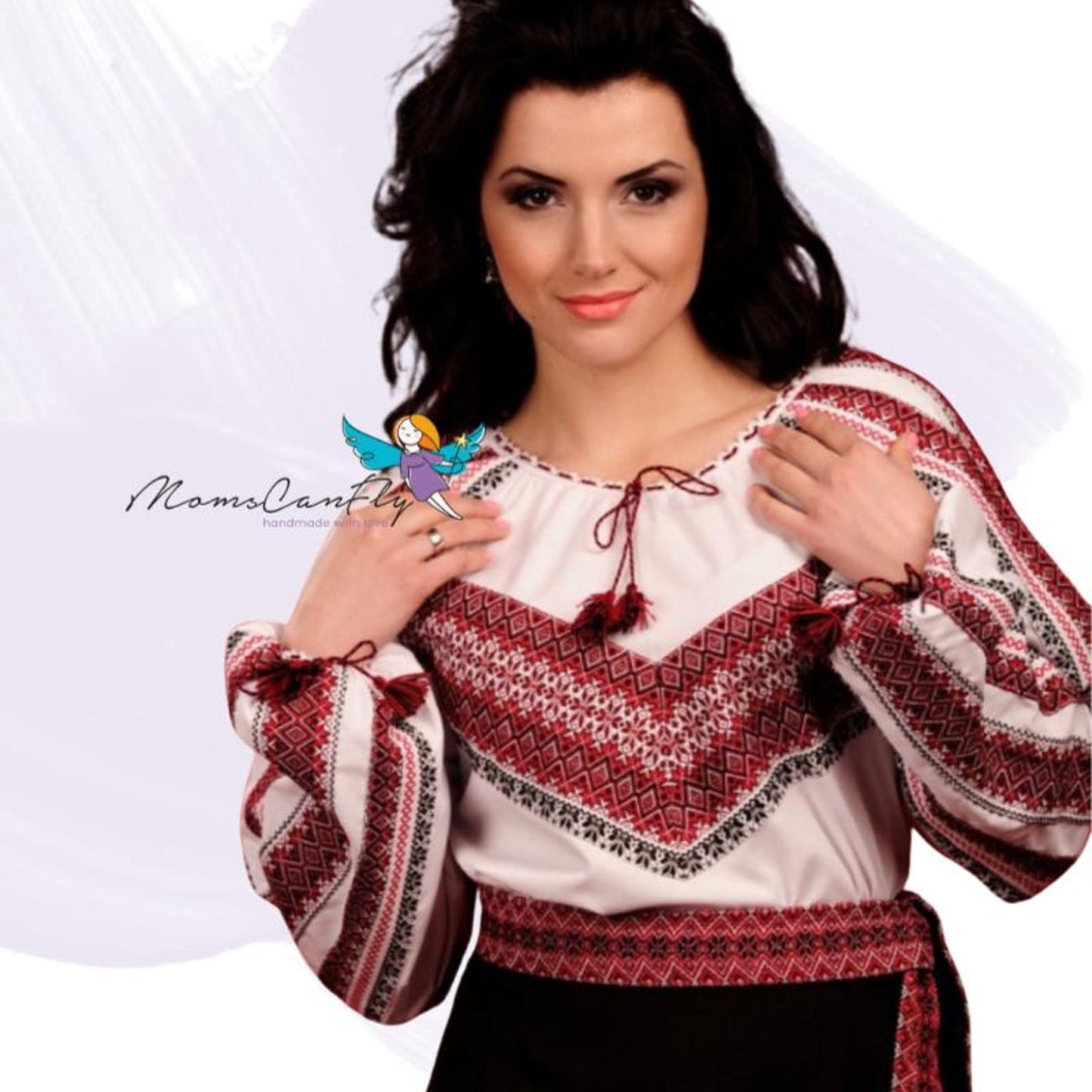 S-6XL White Traditional Folk Ukrainian Embroidered Blouse with Red and Black Chevron Motif