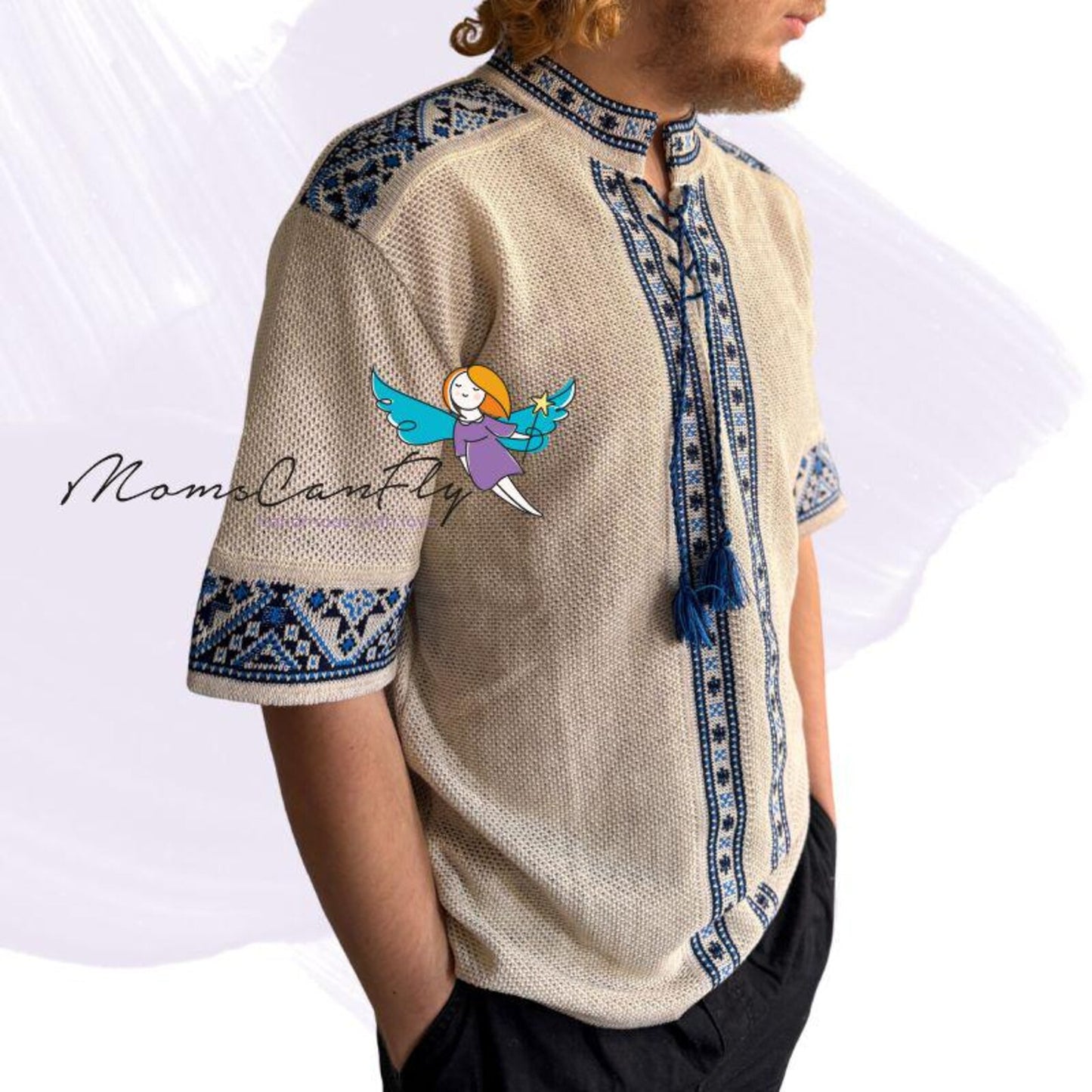 S-4XL Summer Crochet Knit Short Sleeve Linen Vyshyvanka for Men