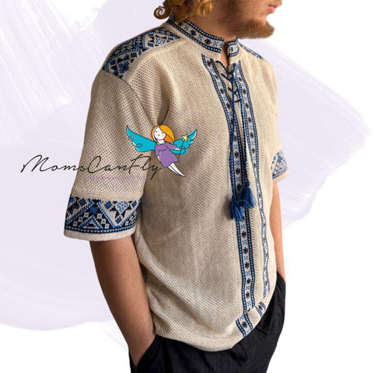 S-4XL Summer Crochet Knit Short Sleeve Linen Vyshyvanka for Men