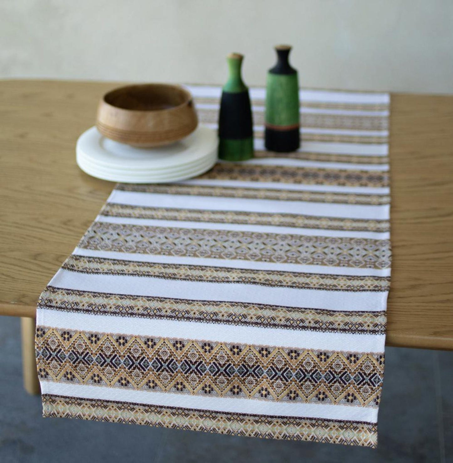 Beige Traditional Carpathian Table Runner with Geometric Motifs