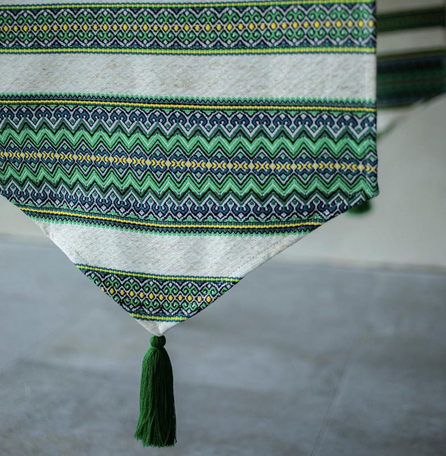 Carpathian-Inspired Table Runner with Tassels in Green and Gold