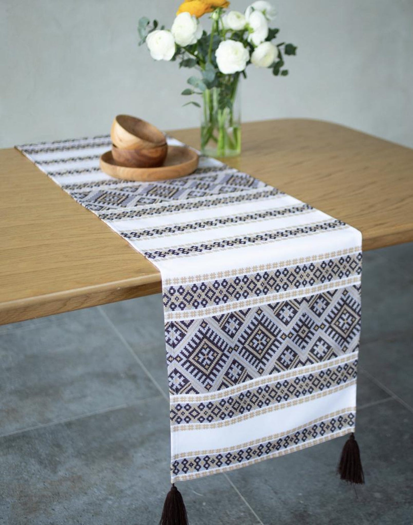 Geometric Folk Table Runner in Chocolate and Beige with Tassels with Ukrainian Motif