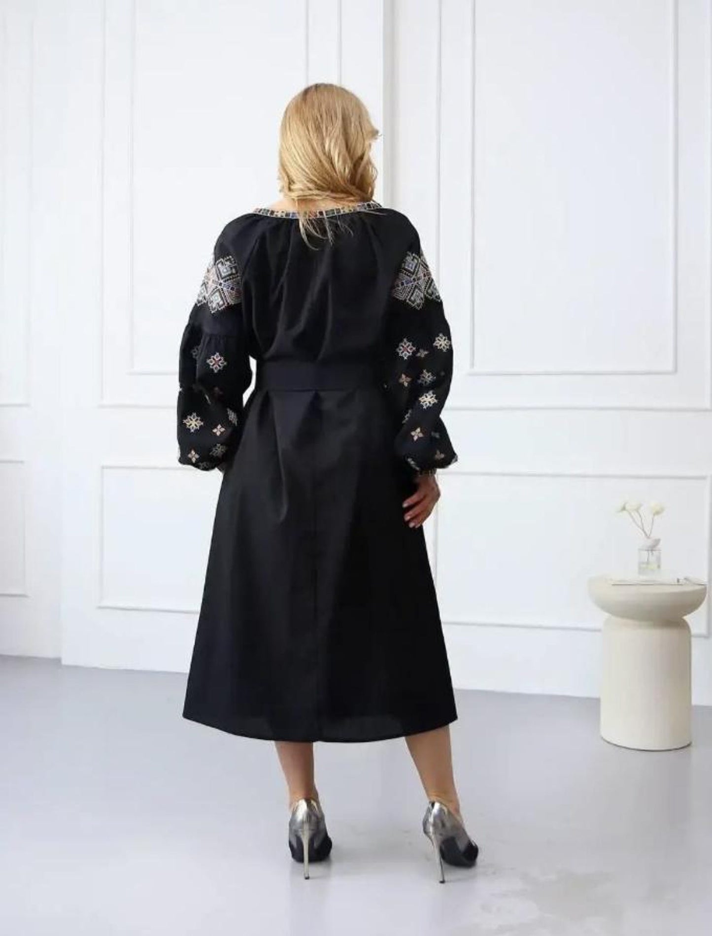 Elegant Black Embroidered Vyshyvanka Midi Dress with Geometric Folk Motifs