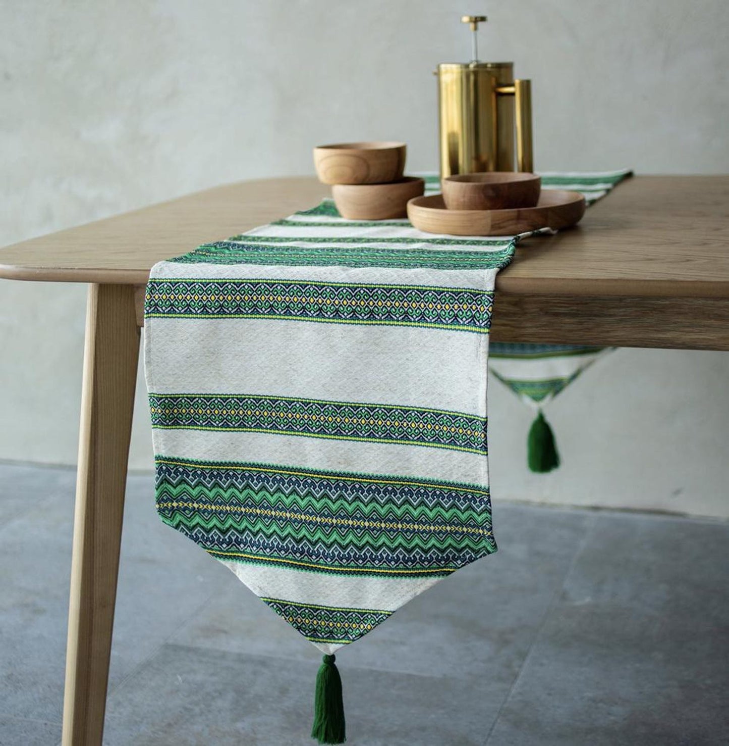 Carpathian-Inspired Table Runner with Tassels in Green and Gold