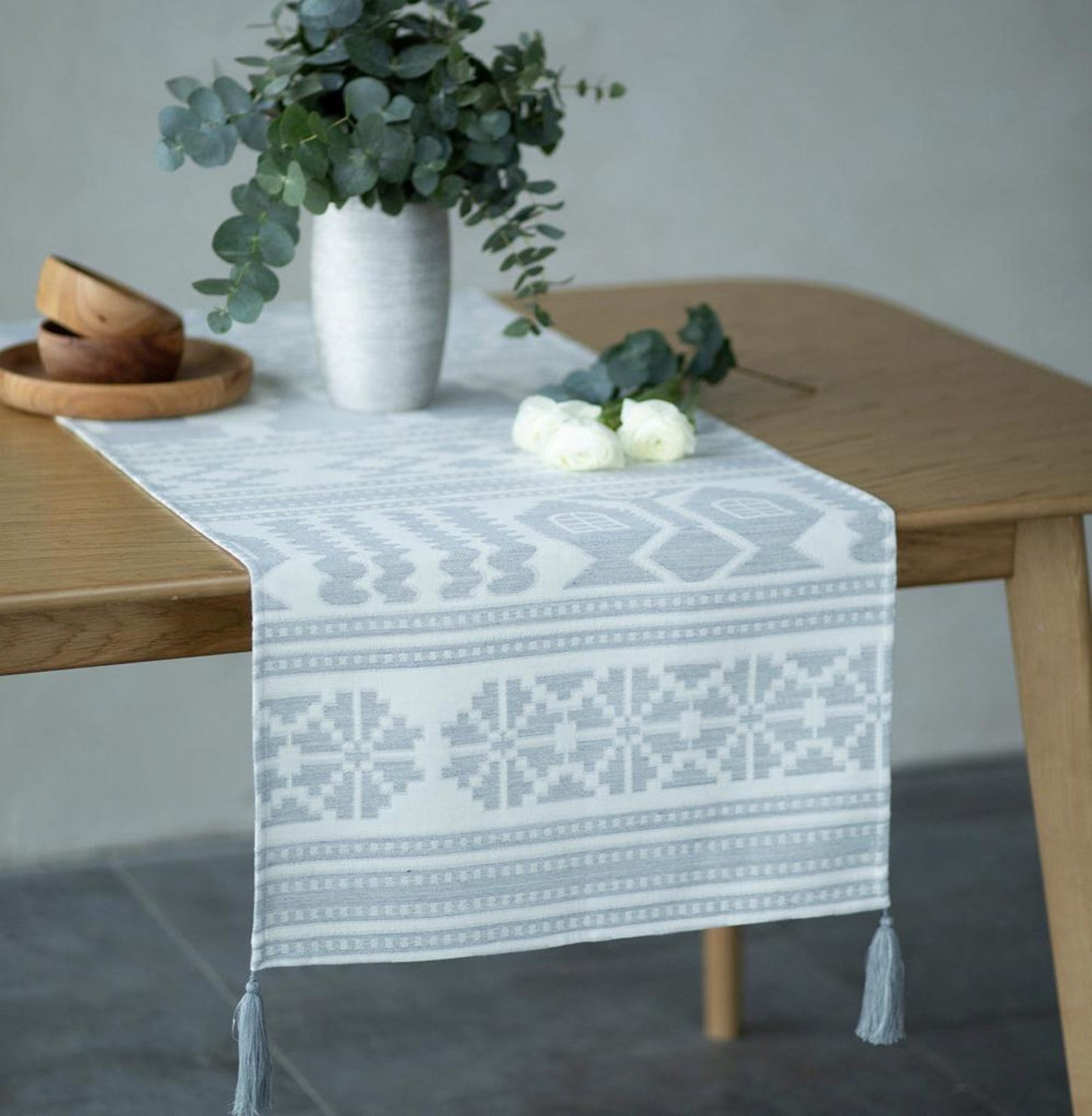 Scandinavian-Inspired Table Runner with Folk House Motifs in Soft Grey