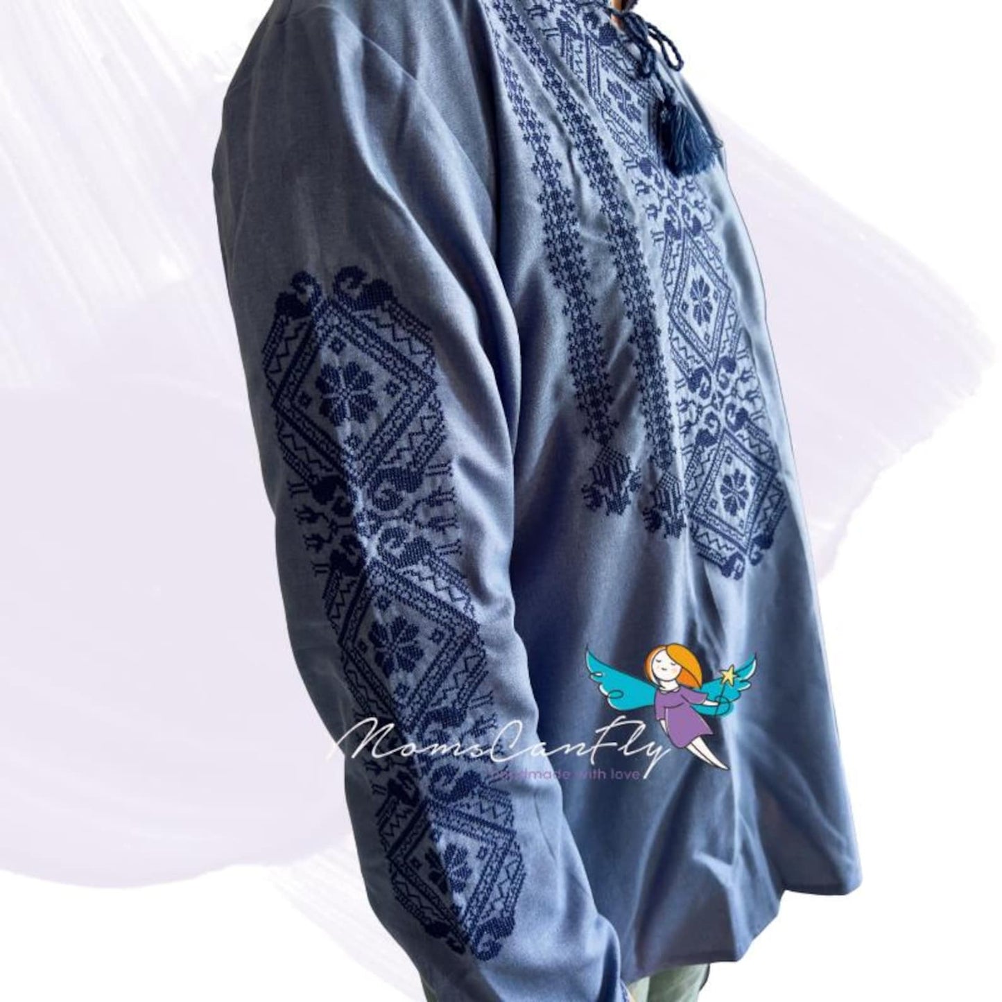 XS-5XL Blue Embriodered Ukrainian Vyshyvanka Sorochka Shirt with Blue Embroidery