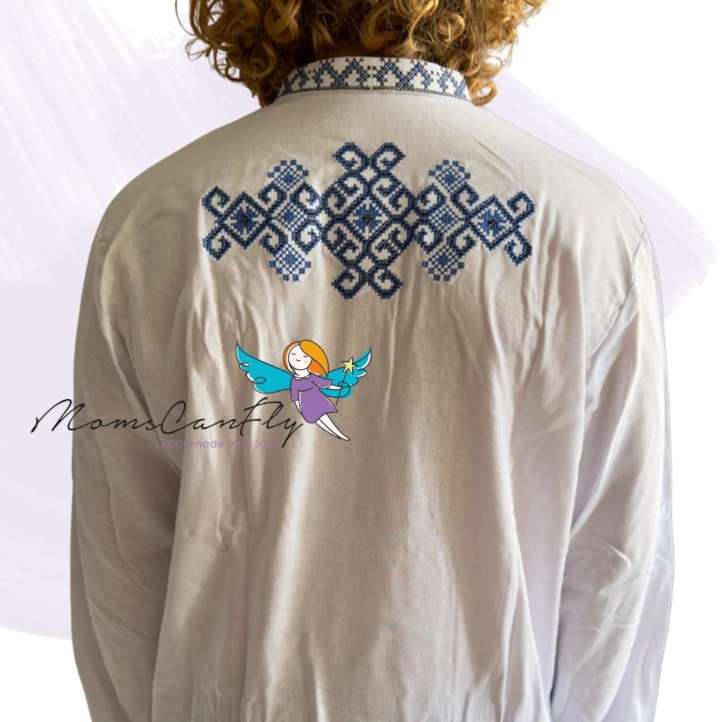 XXS-7XL White Homespun Men’s Vyshyvanka with Deep Blue Embroidery and Tassels