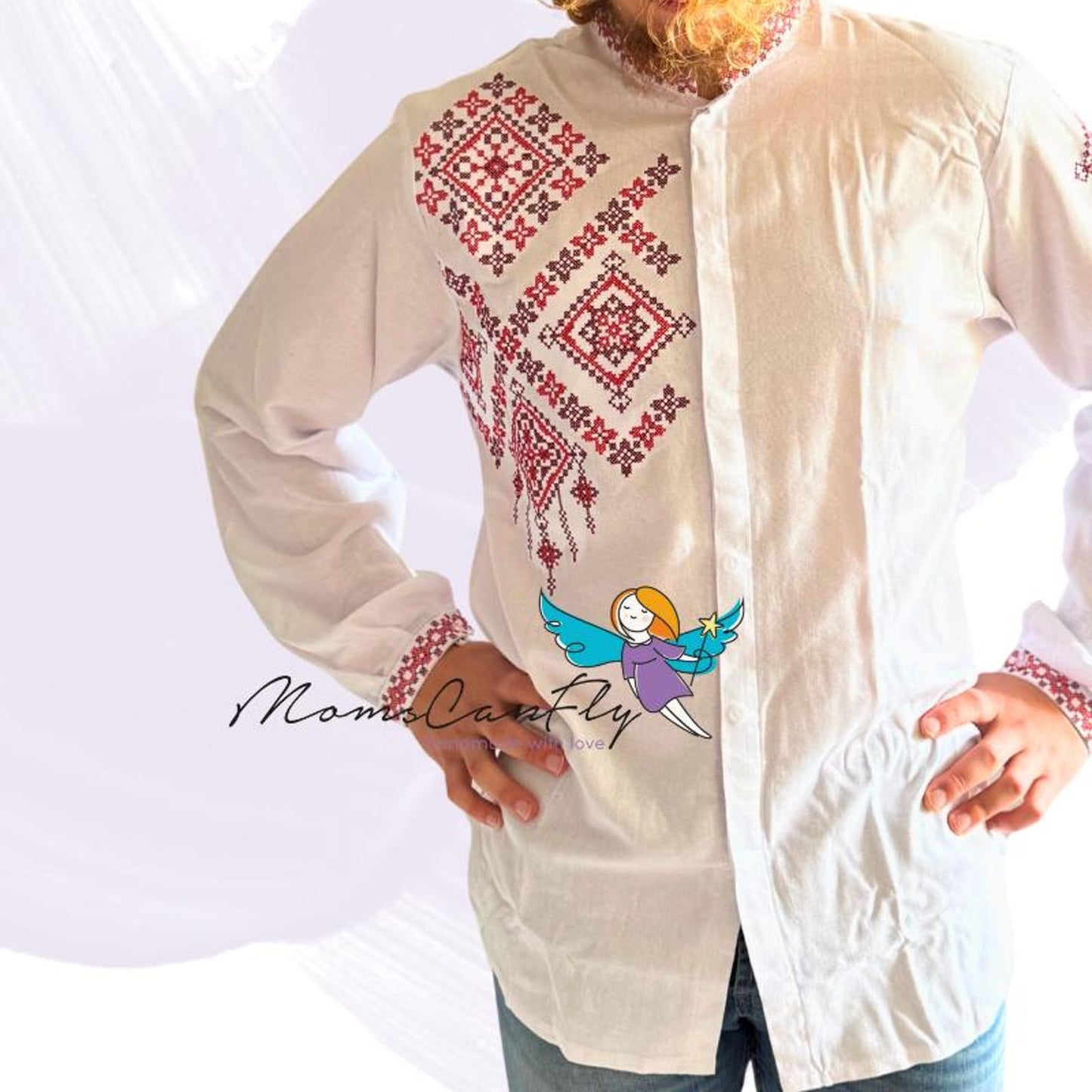 XXS-7XL Embroidered White Men’s Vyshyvanka Shirt with Geometric Red Motifs - 2 Colors