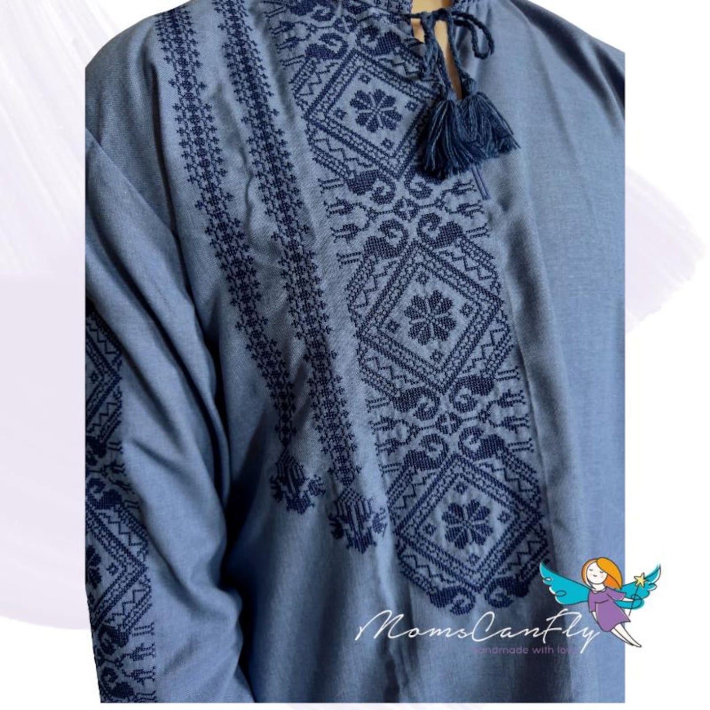 XS-5XL Blue Embriodered Ukrainian Vyshyvanka Sorochka Shirt with Blue Embroidery