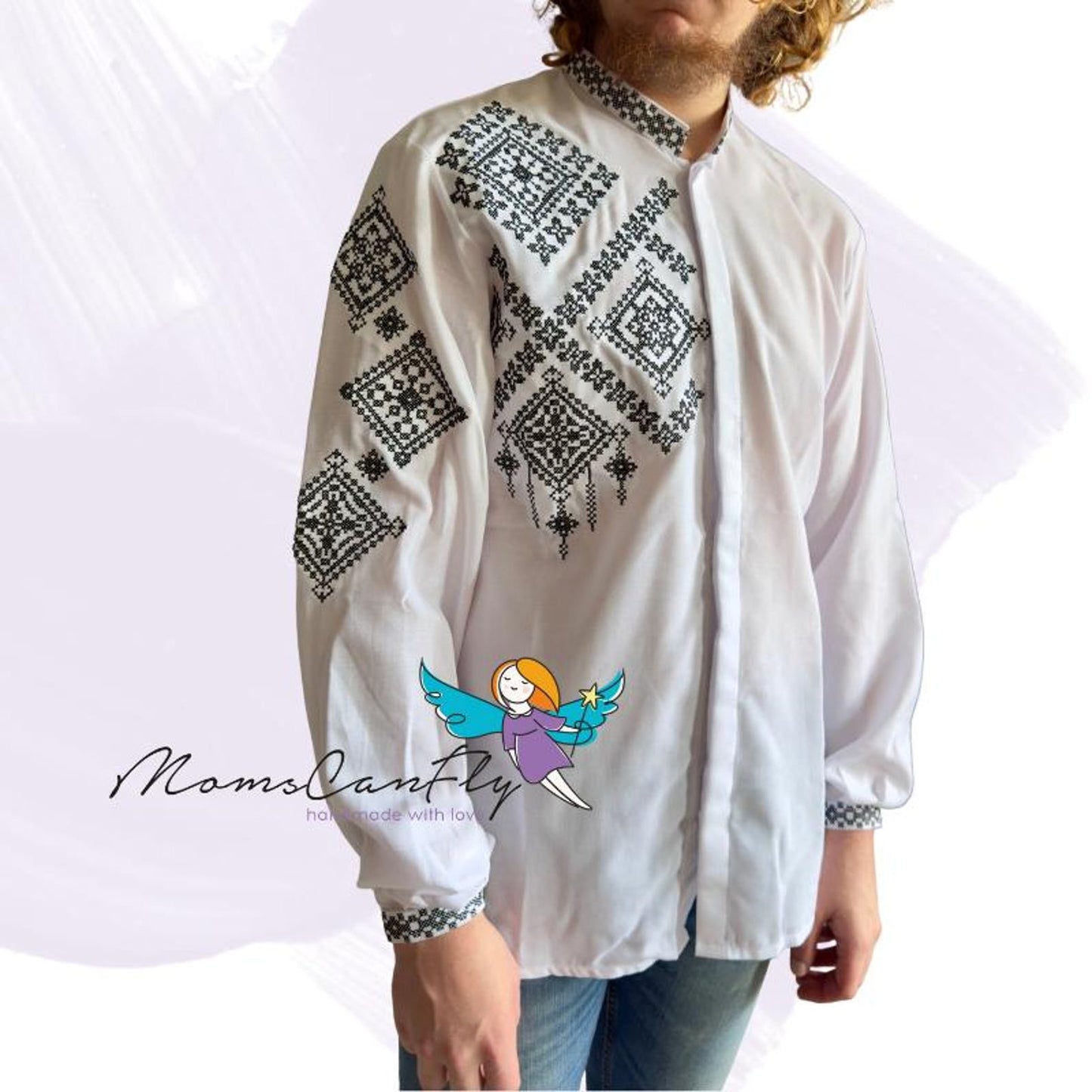 XXS-7XL Embroidered White Men’s Vyshyvanka Shirt with Geometric Red Motifs - 2 Colors