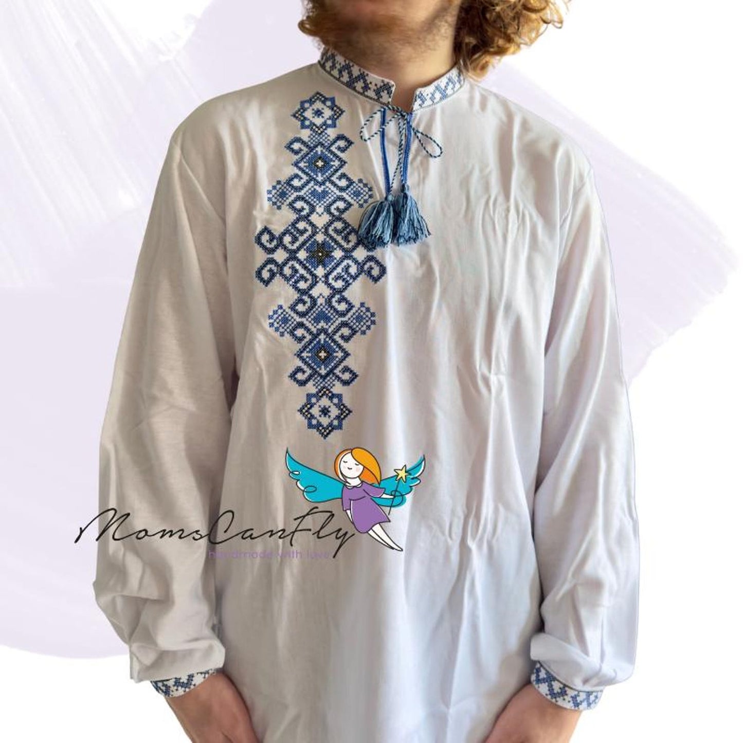 XXS-7XL White Homespun Men’s Vyshyvanka with Deep Blue Embroidery and Tassels