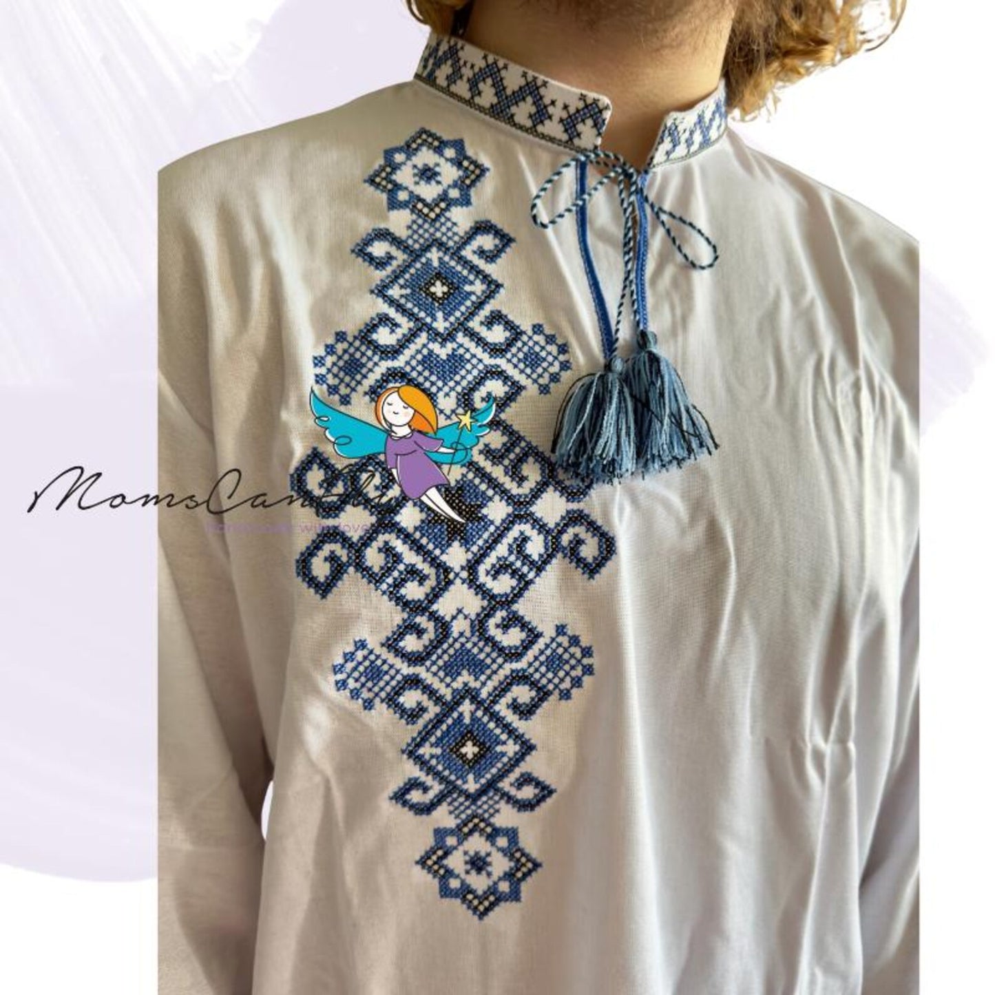 XXS-7XL White Homespun Men’s Vyshyvanka with Deep Blue Embroidery and Tassels