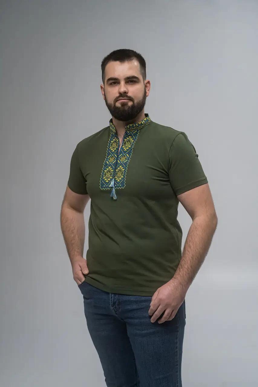 Khaki Green Ukrainian T-Shirt for Men with Tryzub Embroidery