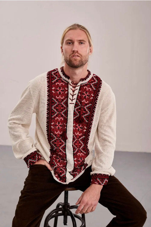 S-4XL Modern Linen Knitted Ukrainian Shirt for Men with Red Embroidery