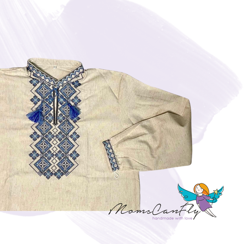 Linen Traditional Ukrainian Vyshyvanka Shirt for Men with Blue Embroidery