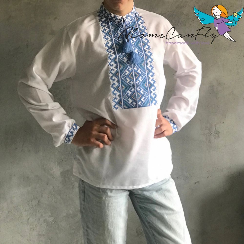 XXS-7XL Men Embriodered Sorochka Shirt Ukrainian Shirt with Blue Embroidery