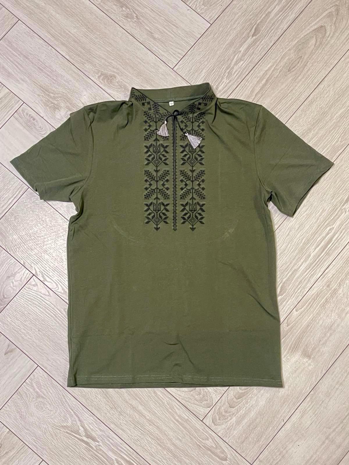 Khaki Green Ukrainian T-Shirt for Men with Tryzub Embroidery