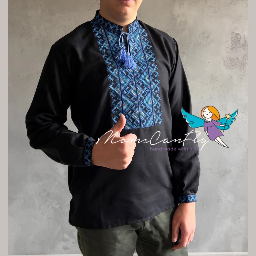 XXS-7XL Traditional Black Ukrainian Vyshyvanka with Blue Embroidery for Men