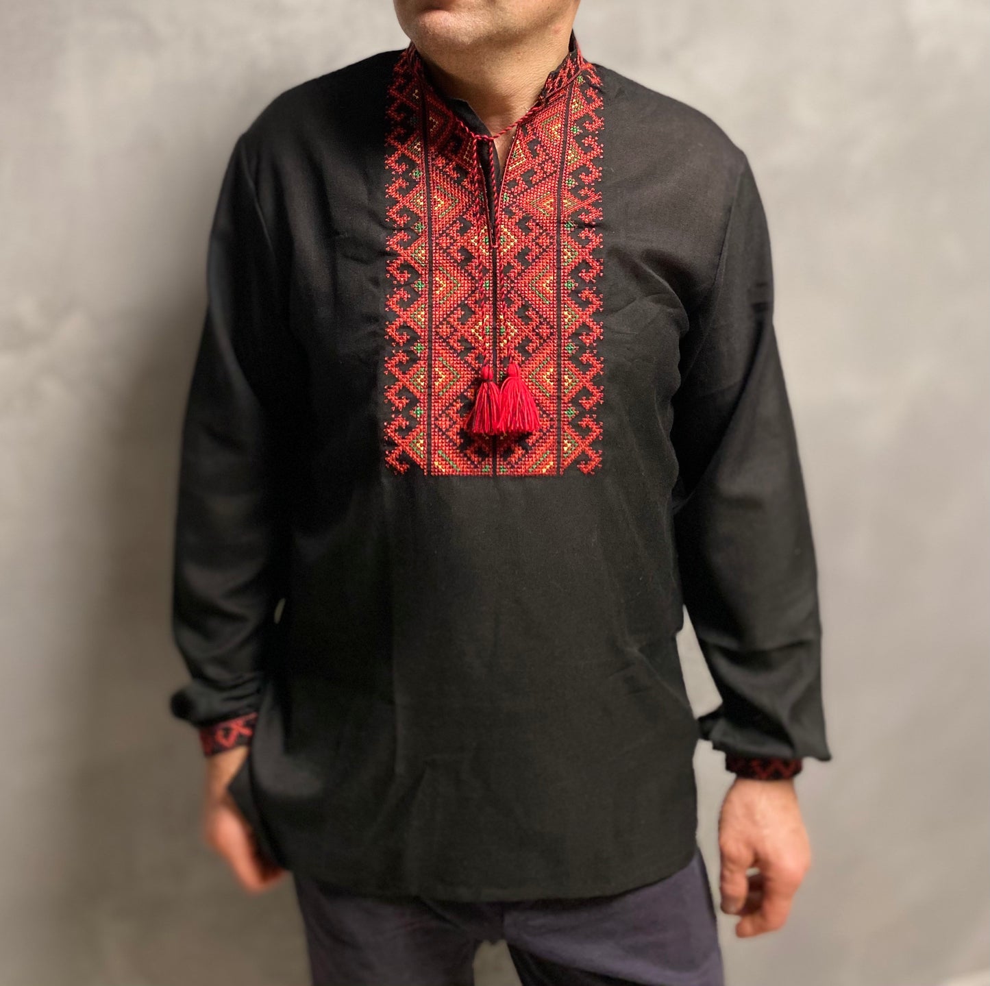 XXS-7XL Black Ukrainian Vyshyvanka Shirt with Red Embroidery for Men