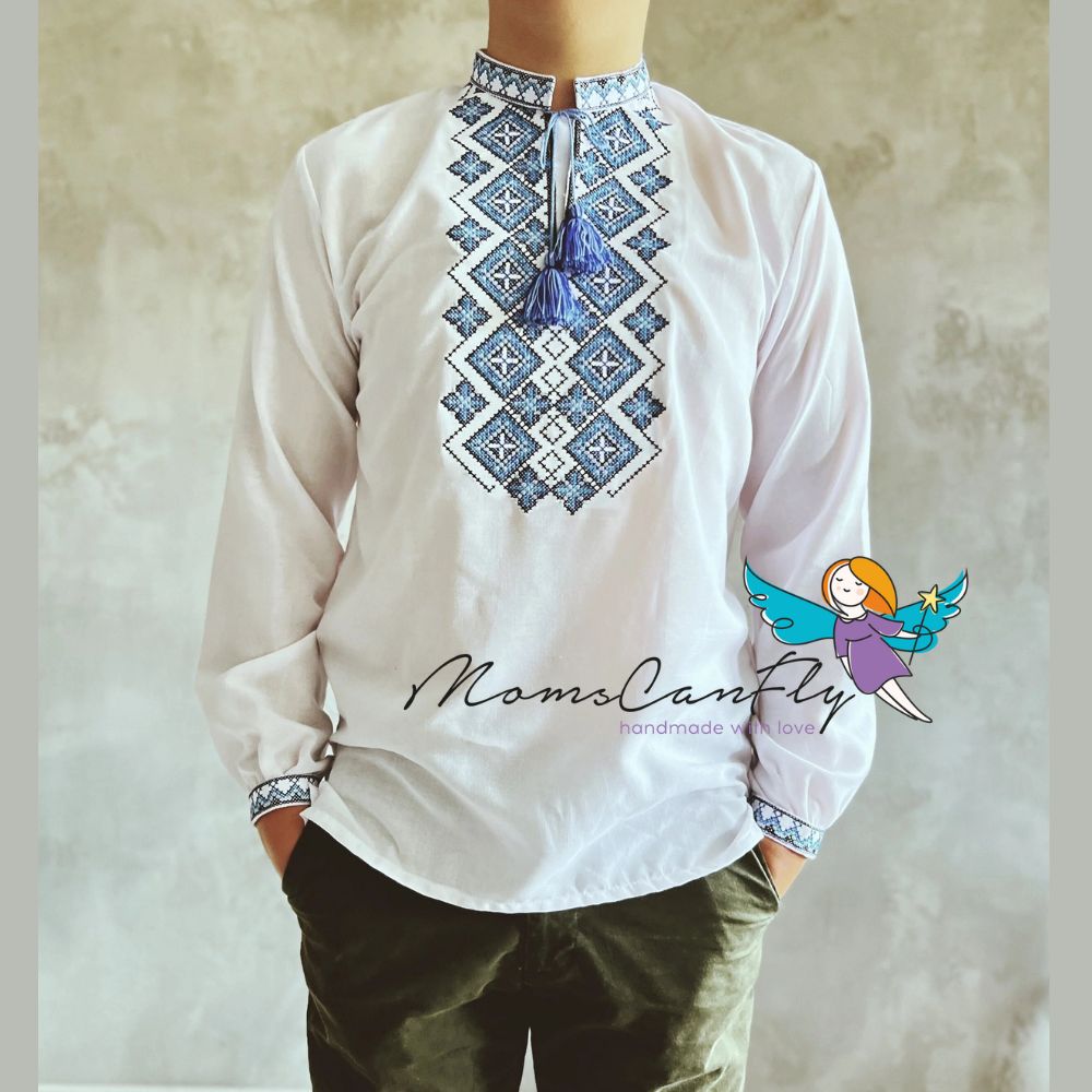 Traditional Ukrainian Vyshyvanka Long Sleeve Shirt with Blue Embroidery for Men