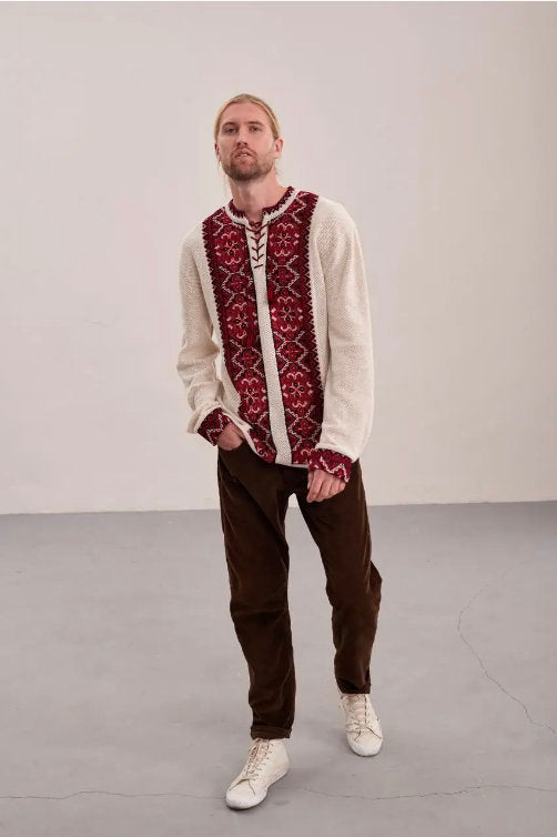 S-4XL Modern Linen Knitted Ukrainian Shirt for Men with Red Embroidery